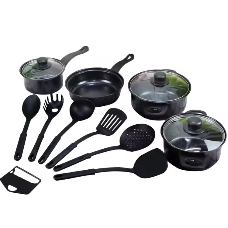 Produit lavable au lave-vaisselle en fonte treize pièces noir antiadhésif marmite à soupe pot à sauce ensemble de casseroles