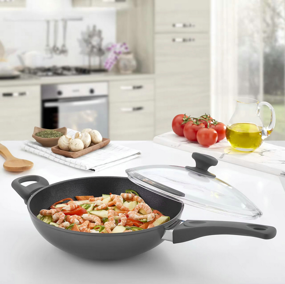 Poêle wok antiadhésive en aluminium, logo personnalisé, sans produits chimiques, lavable au lave-vaisselle