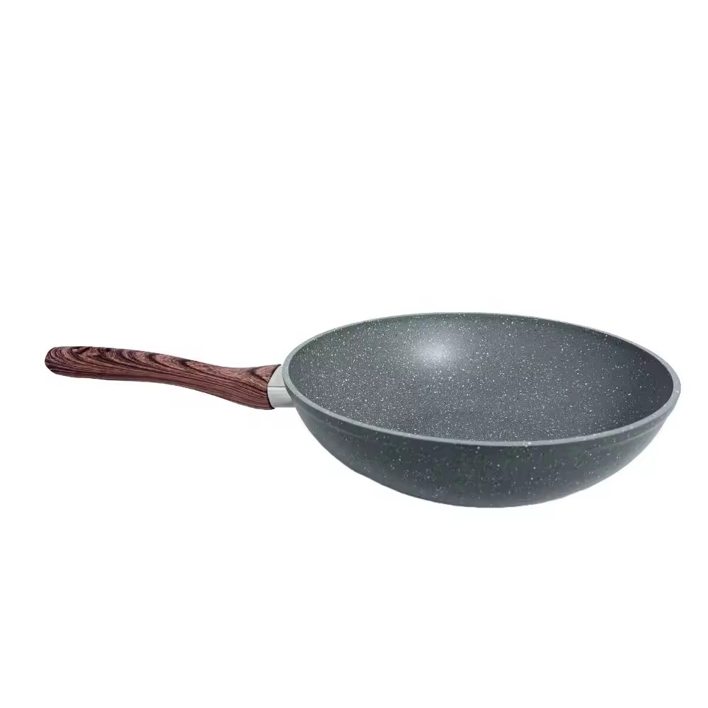 Poêle Wok antiadhésive en marbre avec couvercle en verre, cuisine à Induction avec poignée en bois doux au toucher, poêle Wok antiadhésive en aluminium forgé